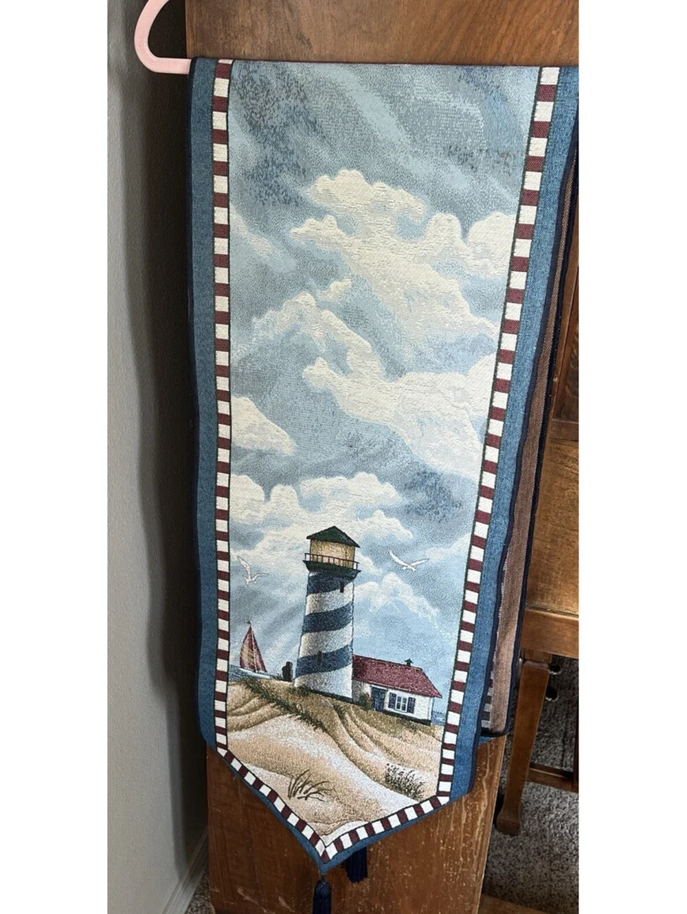 Lighthouse Tapestry Table Runner With Tassels 13x72 Beach House Theme Nautical